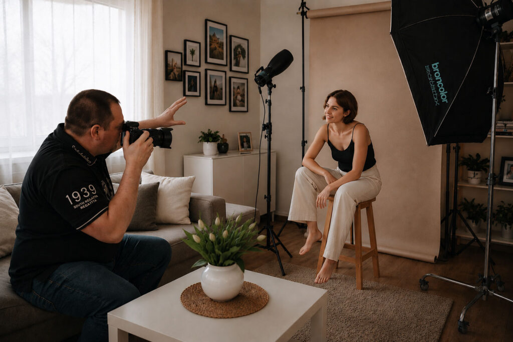 Fotograf pracující s modelkou během domácího focení v bytě