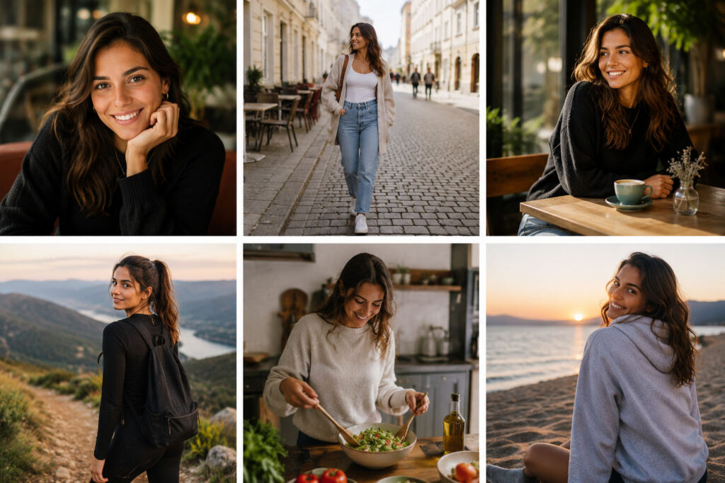 Koláž různých lifestyle fotografií mladé ženy vhodných pro seznamky